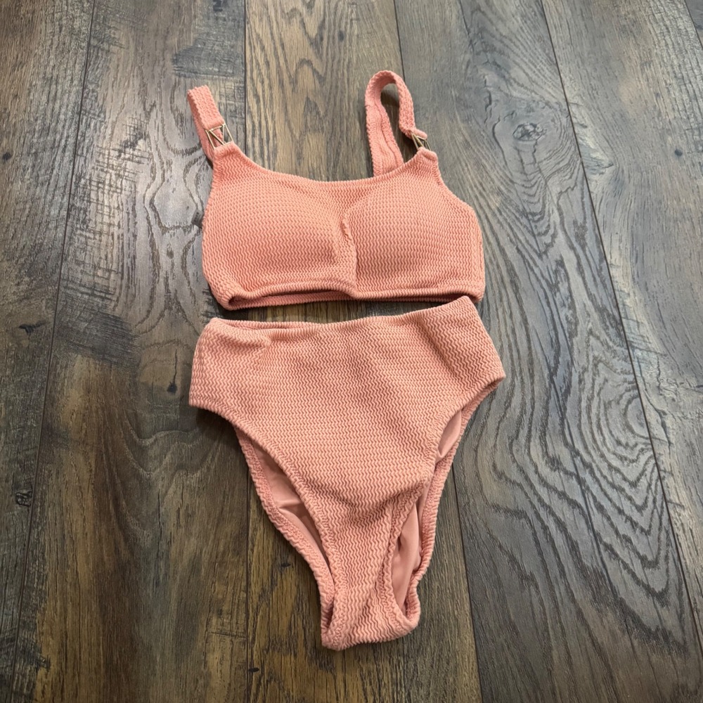 Victorias Secret Peach Crinkle Textured High Waist Bikini Set XS-M Coastal Beach